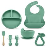 EZIO'S Baby Weaning Set - 7 Pieces Silicone Feeding Set - Baby Bowls with Food Plate,Cup, Bib, Fork, Spoon with Wooden Spoon - Free Baby TEETHER