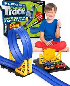 Flexible Race Track for Kids, All-in-One Flex Track Set with Suction Cups, Loop Ramps & 2 Cars – Compatible with Hot Wheels & Matchbox Cars – Blue 16ft Roll Up Car Ramp Toy Track for Kids Ages 3 & Up