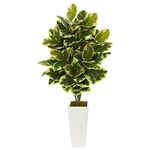 Nearly Natural Artificial Variegated Rubber Leaf Plant in White Tower Vase, Green