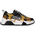 VERSACE JEANS COUTURE Black Leather Sneakers for Men with Baroque Print on the Sides. Logo Front and Sides. Sneakers Closure with Laces., Black, 8.5 UK