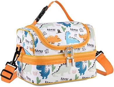 Lunch Box Bag Kids,VASCHY Insulated Two Compartments Cooler Bags for Boys Girls w Shoulder Strap for School,Daycare,Kindergarten,Picnic Dinosaurs Yellow