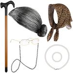 Aodaer 7 Pieces 100 Days of School Old Lady Cosplay Set Wig Glasses Faux Pearl Necklace Bracelet Inflatable Canes Kerchief, Grey, Medium