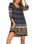 Zeagoo Womens Summer Boho Beach Dress Floral Print Dress V Neck Short Sleeve Midi Dresses Navy Blue M