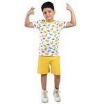 Clothe Funn Boys Coordinate Set, Tshirt Shorts Set (White/Yellow, 13-14 Years)