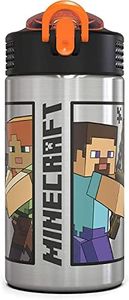 Zak Designs Minecraft - Stainless Steel Water Bottle with One Hand Operation Action Lid and Built-in Carrying Loop, Kids Water Bottle with Straw Spout is Perfect for Kids (15.5 oz, 18/8, BPA-Free)