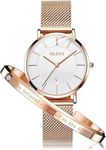 OLEVS Women's Watch 6.5mm Ultra Thin Rose Gold Minimalist Dress Watch Bracelet Set Fashion Quartz Waterproof Ladies Wrist Watch