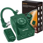 BESTTEN Outdoor Photocell Light Timer Outlet, 2 Grounded Outlets, Setting for ON/Off/Dusk-Dawn/ON at Dusk & 2/4/6/8 Hours Countdown, with On/Off Remote Control, cETL and FCC Certified, Green