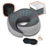 MULIHOMI New Packaging Upgraded Travel Pillow for Airplane with 100% Memory Foam, 360° Adjustable Full Surrounding Flying Neck Pillows, Travel Pillow Set with 3D Eye Masks, Earplugs (Grey)