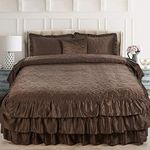 Home Soft Things 4 Piece Matte Satin Ruffle Quilted Bedspread Set 24" Drop Ruffled Style Bed Skirt Coverlets Lightweight Reversible Bedding Set Cover, Queen 60" x 80" + 24", Chocolate