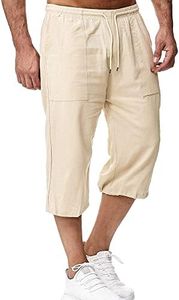 LVCBL Short en lin pour homme, Longueur 3/4, Pantalon d'été, Pour la plage, le yoga, le jogging, Décontracté, kaki, M