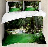 Nature Duvet Cover Set by Ambesonne, Tropical Forest Foliage with Cascade Rainforest Relaxing National Park Image, 3 Piece Bedding Set with Pillow Shams, King Size, Hunter Green Brown