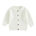 Toddler Baby Girl Knit Cardigan Sweater Round Neck Long Sleeve Solid Sweater Infant Fall Winter Clothes (B White, 3-6 Months)