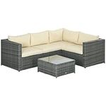 Outsunny 3 Pieces Garden Rattan Furniture Set, 4 Seater Wicker Patio Furniture Outdoor Conversation Set with Loveseats Coffee Table Cushions for Backyard Pool, Beige