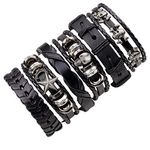 6PCS Braided Leather Wide Wristband, Skull Bracelets, Unique Vintage Bracelets, Handmade Leather Bracelets for Men and Women, Fashion Leather Bracelet, Suitable for Bikers, Rock Musicians