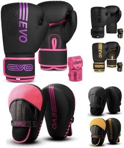 EVO Fitness Matte Black Boxing Gloves and Pads Set Punching Focus Mitts Hook and Jab Hand Target Strike Shield Training Sparring MMA Martial Arts Muay Thai Kickboxing Karate Men Women (Pink, 12 OZ)