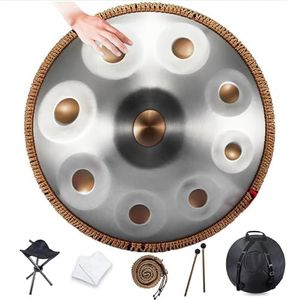 9/10 notes Handpan Drum Instrument,22 pouces in Handpan Drum In D Minor Percussion,Tambour à main en acier Avec Sac Soft Handpan,2 Maillets Handpan,Stand Handpan,Pour la guérison sonore,Méditation