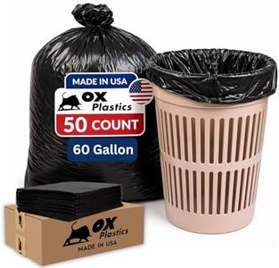 Ox Plastics Trash Can Liners Bags - 60 Gallon Capacity & 3mil Thick Extra Heavy Duty Strength - 50 Large Garbage, Leak-Proof & Durable, House & Commercial Use Bags Black