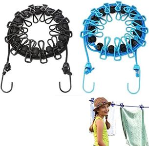 LALOCAPEYO 2Pcs Portable Clothesline with 12 Clothespins for Camping Hotel Indoor & Outdoor Blue 11 feet Rope Anti-Skid Clips,Wind-Proof Clothes Drying Line,Travel Retractable Clothesline(Blue+Black)