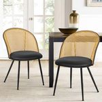 Bekrvio Dining Chairs Set of 2, Mid Century Modern Dining Room Chairs with Full Rattan Back, Faux Leather Kitchen Dining Chairs Farmhouse Armless Mesh Cane Back Side Chairs with Metal Legs, Black