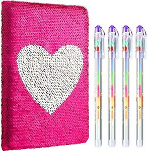 Outus Sequin Notebook with 4 Pieces Color Gel Ink Pens Mermaid Reversible Flip Sequin Heart Journal Magic Travel Journal Notebook Secret Diary for Girls Teens Gift