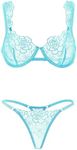 Lilosy Sexy Floral Lace Scallop Underwire Push Up Sheer Lingerie Set, Mesh Mint Green, Small