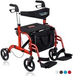 Health Line 2 in 1 Rollator-Transport Chair w/Paded Seatrest, Reversible Backrest and Detachable Footrests, Cherry Red