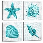 Bathroom Wall Decor Teal Watercolor Starfish and Seashell Conch Wall Art Sea Creatures Pictures Ocean Theme Canvas Prints for Bedroom Home Artwork Decor Paintings Framed Set 4 panels 12 x 12 inchs