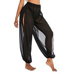 American Trend s Sheer Beach Coverup Pants Mesh Pants for Women High Slit See Through Harem Pants, Side Split Black, S