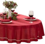 Newbridge Fabric Oval Tablecloth, 60 x 102 Inch, Christmas Provence Lattice Cutwork Solid Color Textured, Water and Stain Resistant Easy Care Fabric Table Cloth, Holiday Red