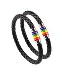 PHOGARY Gay Pride Bracelet Rainbow Bracelet (2 Packs), Couple Black Leather Bracelet Men’s Women’s LGBT Bangle with Rainbow Striped Stainless steel Magnetic Clasp 22cm