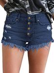 luvamia Women's Button Fly Denim Shorts Frayed Raw Hem Ripped Denim Jean Shorts, C Vintage Blue, Size Medium