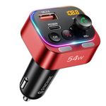 Syncwire Bluetooth 5.4 FM Transmitter Car Adapter 54W (PD 36W & 18W) [Stronger Dual Mics] [Light Switch] [HiFi Bass Sound] [Fast Charging] Wireless Radio Receiver Hands-Free Calling LED Display, Red