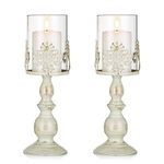 Sziqiqi Candle Holder, 2 Pcs Vintage Pillar Holders Set, Iron Tall Candle Holders, Removable Glass Hurricane, Wedding Party Decor, L+L, Distressed, Ivory