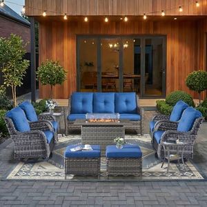 HUMMUH 10 Pieces Patio Furniture Set with Fire Pit High Back Wicker Outdoor Furniture Set Swivel Rocker Chairs 3-Seater Couch for Porch,Deck,Backyard