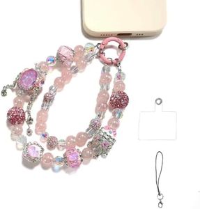 XODITO Beaded Phone Charm with Pink Crystal Double Detachable Cellphone Wrist Strap, Diamond Chain for Keys, Shoulder Bags, Curtain