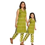 Critter kids Mom-Daughter Twinning Set (Mom XS-5XL, Daughter 1-14 Years) - Green Printed Sleeveless Cotton Dress with Matching Family Ethnic Outfits,