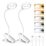 CUHIOY 2Pack Clip on Reading Light for Bed, Rechargeable Battery, 5 Color 5 Brightness & Touch Control Headboard Lamp, Large Clamp Desk Light with Flexible Neck, Eye Protect Dorm Bedside Light（White）