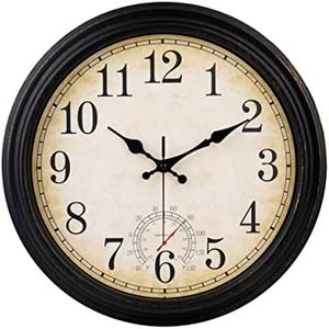 Outdoor Clock 16 Inch Large Wall Clocks Waterproof with Thermometer for Living Room Patio Pool Garden (Bronze)