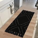 LIVEBOX Boho Kitchen Rug 2' x 4.3' Washable Bathroom Runner Rug with Tassel, Moroccan Black Area Rug Small Woven Cotton Throw Rug for Entryway Laundry Room Hallway