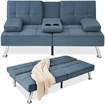 Best Choice Products Linen Modern Folding Futon, Reclining Sofa Bed for Apartment, Dorm w/Removable Armrests, 2 Cupholders - Blue