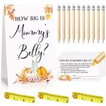 64 Pieces Fall Guessing Baby Shower Games Include How Big is Mommy's Belly Sign and 50 Maple Leaf Guessing Card with 10 Pencils 3 Measuring Tapes for Pumpkin Halloween Fall Event Supplies Baby Shower