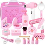 GAGAKU Wooden Makeup Set Kids Pretend Makeup Sets Wooden Toy Kit Montessori Fake Makeup Play Dress Up Kit with Hair Dryer Mirror for Toddler Children Little Girls Perfume Gifts Ages 3 +