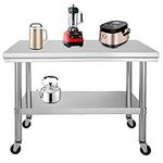 HuSuper 91 x 61 cm Stainless Steel Catering Work Table Kitchen Table with Wheels Made of Stainless Steel Roll Serving Table Furniture Pro Kitchen