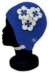 Blue Reef Seoul Bubble Single Colour Floral Ladies Classic Retro 3 Flower 2 Colour Trio Of 3D Petal Stylish Vintage Swimming Hat Swim Cap One Size Adults With Strap (Blue/White)