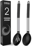 Pack of 2 Large Silicone Cooking Spoons, Non-Stick Stainless Steel Slotted and Solid Spoon Set for Serving, Mixing, Draining, Heat Resistant, Scratch Resistant and BPA Free Kitchen Scoops (Black