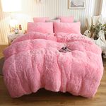 XeGe Plush Shaggy Duvet Cover Set, Luxury Ultra Soft Crystal Velvet Fluffy Bedding Sets 3 Pieces(1 Furry Faux Fur Comforter Cover + 2 Fuzzy Faux Fur Pillowcases) Zipper Closure (Queen, Light Pink)