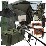 Carp Fishing Setup 3pc 12ft 2/3 Rods & Reels Bite Alarms Net Pod Carryall Bag Rod Holdall Brolly & Tackle Complete Set (2 Rod Setup)