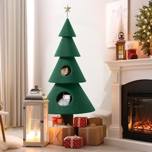 DWVO 60in Cat Christmas Tree with 2 Condos, Cat Tree House for Indoor Cats, Kitty Furniture Party Decoration with Cat House and Beds