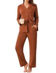 Ekouaer Womens Ribbed Knit Pajama Sets 2 Piece Lounge Set Long Sleeve Button Down Pjs Sleepwear Set with Pockets Caramel Large