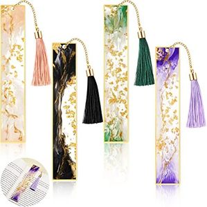4 Pieces Resin Bookmarks Handmade Resin Bookmarks with Tassels Bookmark Presents for Women Kids Students Teachers and Book Lovers